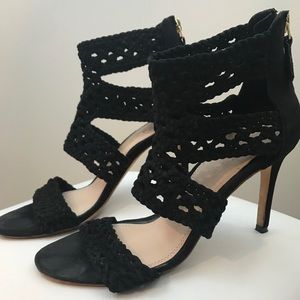 Sandro Black Suede Crotchet Ankle Wrap Sandals